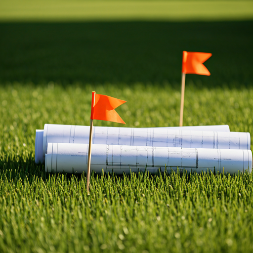 Blueprints and marking flags on green grass